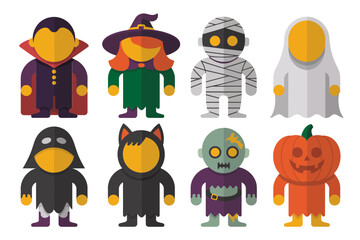 Halloween character silhouettes with vampire, witch, mummy, ghost, pumpkin, bat, zombie, werewolf, vector set
