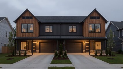 Modern Farmhouse Duplex at Dusk: Warm Lighting, Dark Exterior, Cozy Interior.