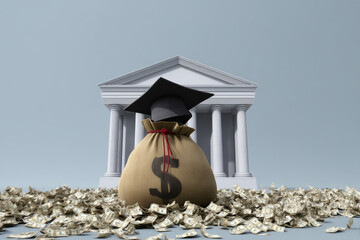 The lack of access to education breeds social inequality, a concept. A bag of money in a graduate's cap, a cartoon style