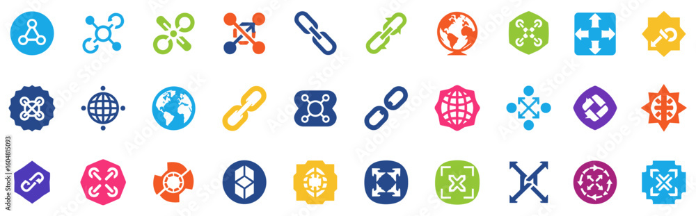Poster a collection of colorful, modern icons representing diverse concepts such as global connectivity, da