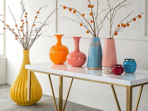 Vibrant collection of decorative vases on a modern console table