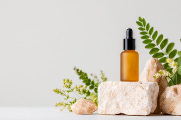 Naklejka premium Amber serum bottle and skincare toner with greenery and rocks