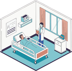 Isometric 3D vector illustration of an office building interior design with computer technology and furniture