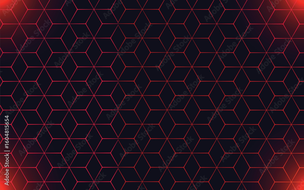 Aufkleber abstract dark background with a seamless hexagonal grid pattern and vibrant red glow, ideal for tech