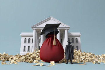 The lack of access to education breeds social inequality, a concept. A bag of money in a graduate's cap, a cartoon style, Bank building in the background