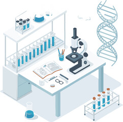 Isometric vector illustration of a chemical plant building with laboratory equipment in an urban industrial scene