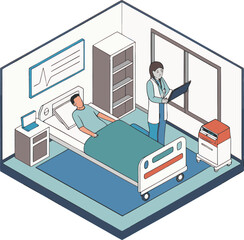 Isometric 3D illustration of a modern office building with a detailed interior design, showing business communication and architectural construction