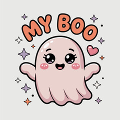 My boo poster with smiling ghost, stars, Halloween love, printable card, vector illustration, sticker design