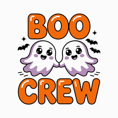 Obraz premium Boo crew card with ghost friends, orange text, playful Halloween, printable sticker, vector illustration, icon design