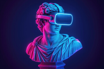 Ancient bust wearing virtual reality headset glowing neon statue classical