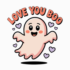 Love you boo poster with happy ghost, pink hearts, Halloween romance, printable card, vector illustration, sticker