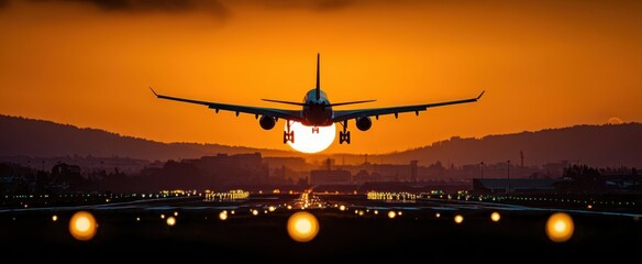 The airplane lands at sunset on a beautifully illuminated runway.