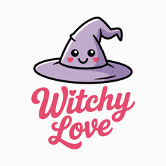 Soft pastel witchy love text under classic witch hat, designed as a minimalist Halloween printable or badge vector  