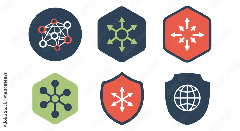Poster collection of modern flat icons representing network connections, security, and data flow with a cle