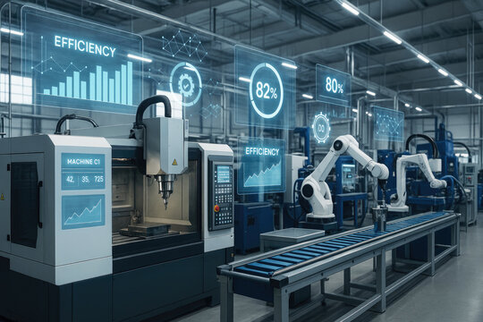 Automated factory with robotic arms and digital efficiency displays industrial automation