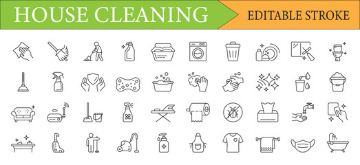 House Cleaning and Domestic Chores Line Icons Set