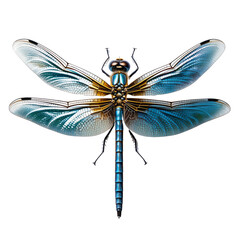 Blue and gold dragonfly with detailed wings isolated on a transparent background