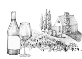 A bottle of wine, a glass and a bunch of grapes, against the background of a foreign garden with a house, a barrel and mountains. Hand-drawn with a pencil without a background. Graphic drawing