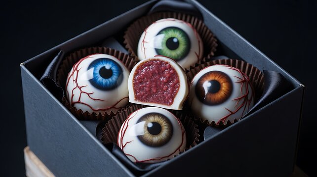 Creative halloween eyeball chocolates with a red jelly center in a box
