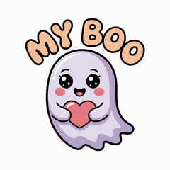 Obraz premium Soft pastel ghost waving under my boo title, Halloween love theme for children's apparel or decor printable icon 