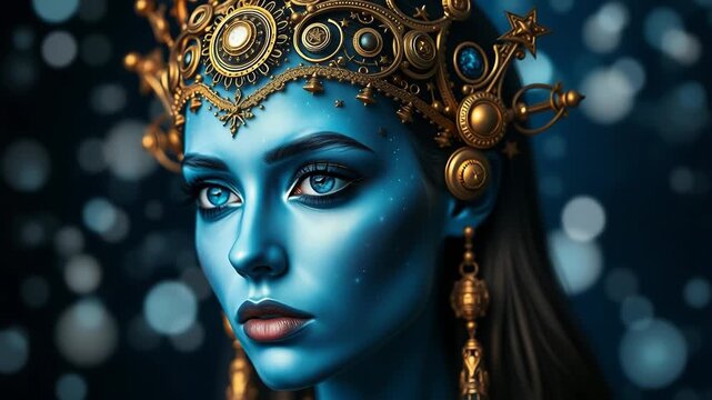 Majestic Portrait of a Celestial Blue Goddess Wearing an Intricate Golden Astrolabe Crown