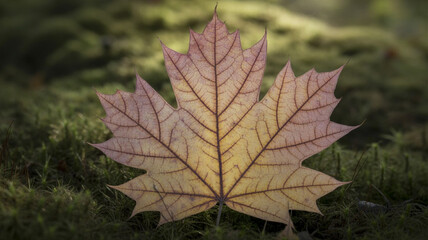 Close-up of a vibrant autumn maple leaf resting on mossy ground, showcasing intricate vein details.