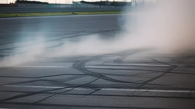 Tire tracks and white smoke fill the frame on an asphalt surface, suggesting a car drifting or performing a burnout.