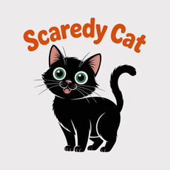 Obraz premium Scaredy cat poster with black kitten, orange text, Halloween fun, printable card, vector illustration, icon art