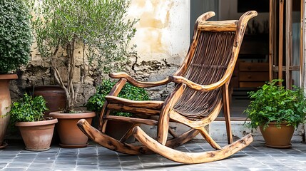 A rustic rocking chair made of wood placed on a veranda filled with vibrant potted plants and natural charm.

