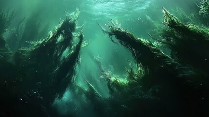Deep under water is a ghostly, tangled grove, illuminated by sunlight from above
