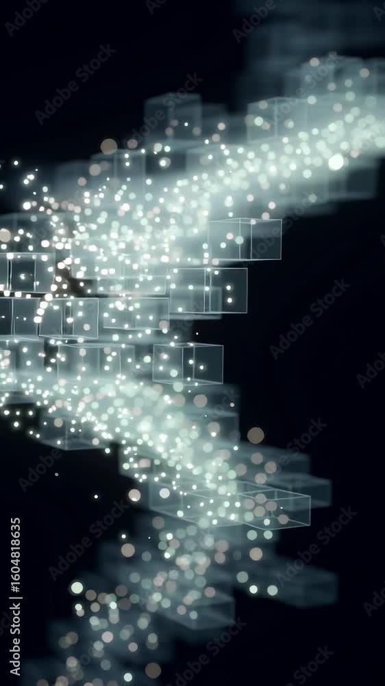 Poster a futuristic abstract representation of transparent square shapes and lines with glowing particles a
