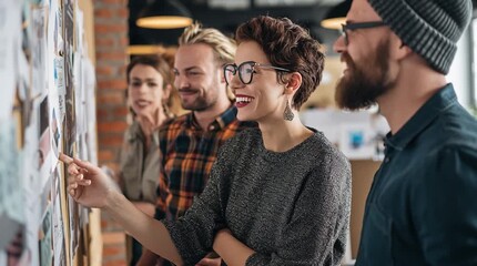 Diverse creative team brainstorming and discussing moodboards on a wall in a modern design studio. Concept of teamwork and collaboration.


