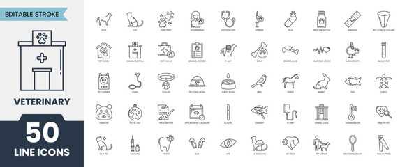 Veterinary line icon set. Contains such icons as pets, medical history, health care, vet, vaccines, test, dental care, diagnosis, x ray, veterinary clinic and more. Vector illustration
