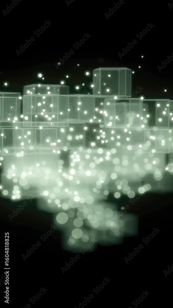 Poster a futuristic abstract representation of transparent square shapes and lines with glowing particles a