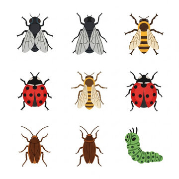 Insect Vector Art Bundle: Ladybird, Ant,Caterpillar, Beetle, Fly, Cockroaches and Bees Illustrations	