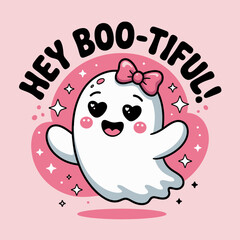 Hey boo tiful poster with ghost, pink background, polka dots, Halloween fun, printable card, vector design