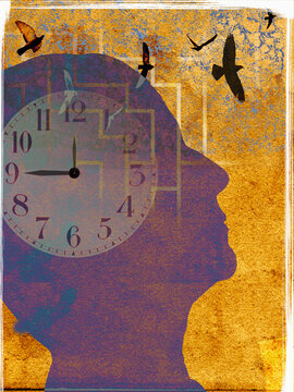 Maze and clock inside head of man watching birds fly away