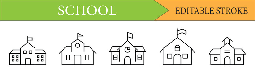 School Building Outline Icon Set | Editable Stroke Vector Illustrations