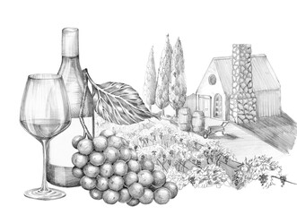 A bottle of wine, a glass and a bunch of grapes, against the background of a foreign garden with a house, a barrel and mountains. Hand-drawn with a pencil without a background. Graphic drawing