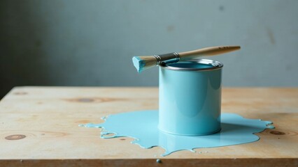 A paintbrush rests on a light blue paint can, spilling a puddle of paint onto a light wooden surface