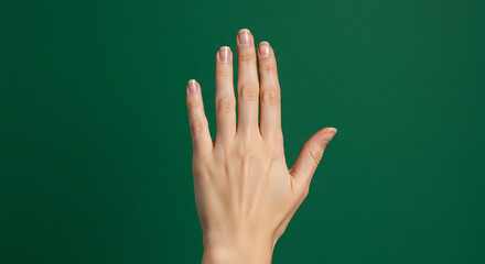 Raised hand against green background