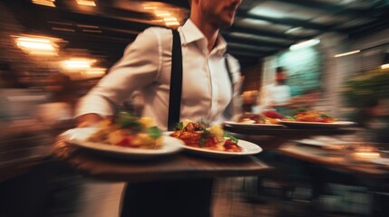 The waiter carrying plates of gourmet food in a bustling restaurant scene.
