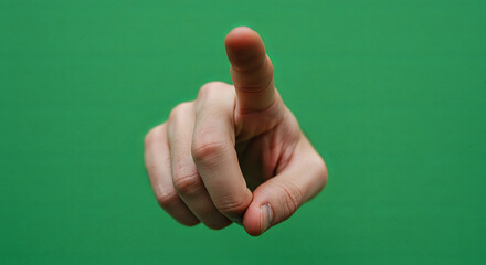 Hand pointing gesture against green background