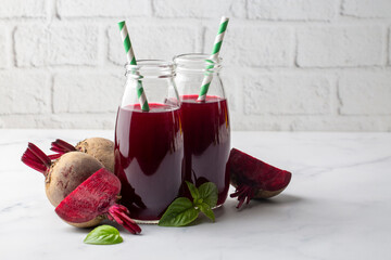 Glass of fresh beetroot juice or smoothie with vegetables