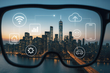 Futuristic city view through augmented reality glasses smart city technology