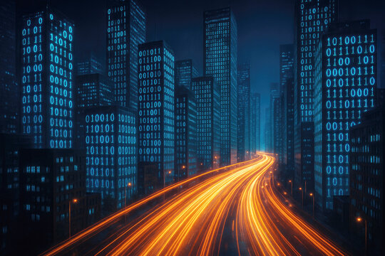 Futuristic city skyline with glowing binary code on buildings and light trails on road - Powered by Adobe