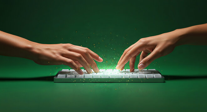 Hands typing glowing keyboard