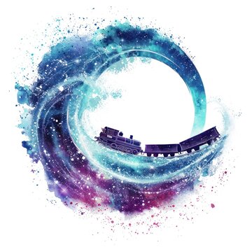A stylized, watercolor-like image of a train amidst a swirling, circular wave