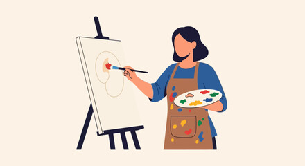 Fototapeta premium Artist Painting on Canvas with Palette and Brush in Studio