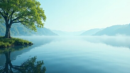 Serene Lakeside Vista A Solitary Tree's Reflection in Calm Waters at Dawn